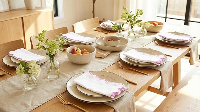 PurpleEssences Scalloped Embroidery Cloth Napkins - Spring Easter Summer - Table Decor - 100% Cotton - Set of 4-18x18 inch - White - Edges - Blush Pink