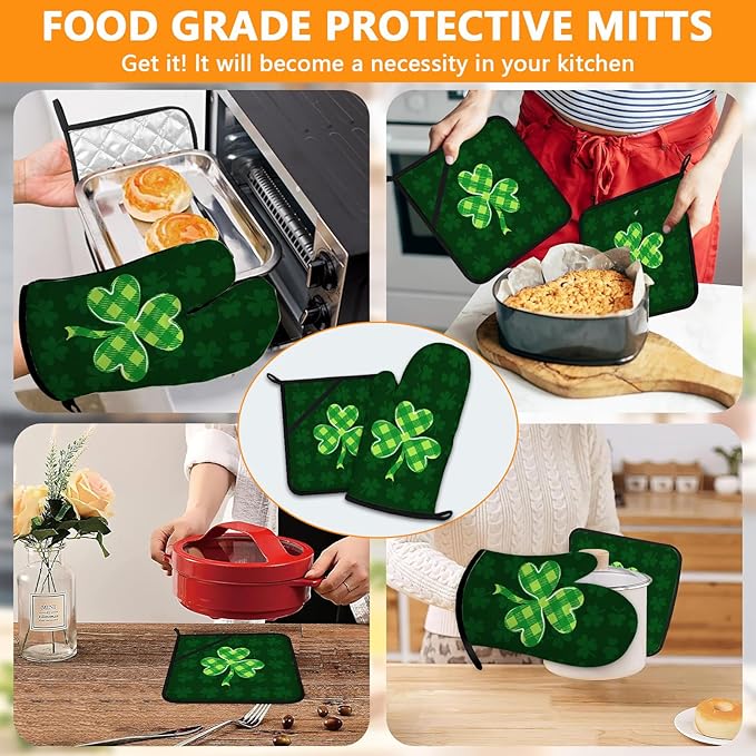 Green Clover Oven Mitts and Pot Holders Sets 4Pcs,Extra Long Oven Gloves Potholder for Kitchen Cooking Baking BBQ 100% Cotton Heat Resistant(St. Patrick's Day)