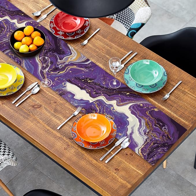 Marble Table Runner 72 Inches Long, Purple Golden Marble Texture Table Runner Dresser Scarves, Rustic Burlap Dining Room Table Decor for Kitchen Wedding Farmhouse Indoor Outdoor Home Party