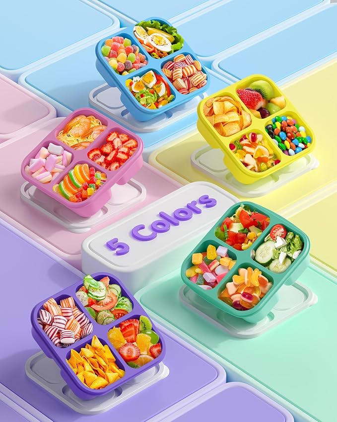 Canfanni 5 Pcs Bento Snack Containers, Reusable 4 Compartment Divided Food Storage Containers, Divided Lunchable Container for School, Work and Travel (5 Color)
