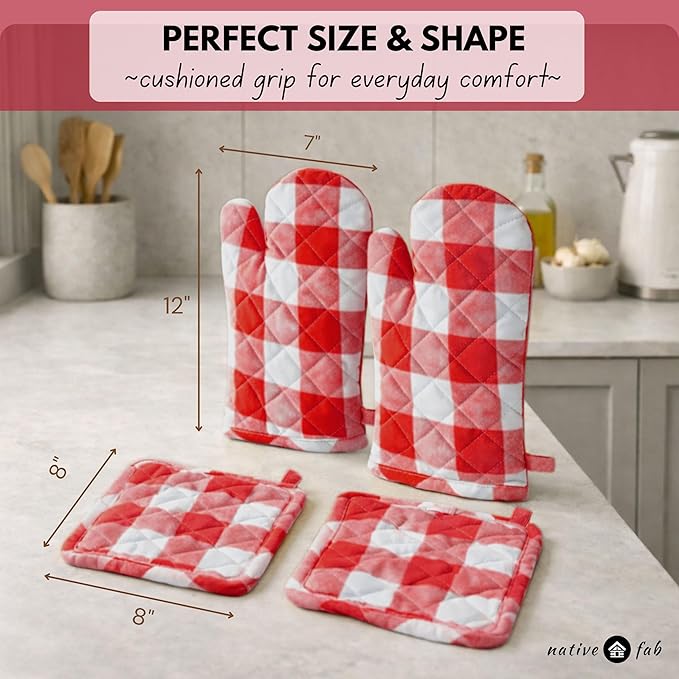 Native Fab Buffalo Plaid Check Oven Mitts and Pot Holders Set of 4, 100% Cotton Heat Resistant Kitchen Gloves, 2 Oven Mitts (7x13), 2 Pot Holders (8x8) for Cooking & Baking, Red White