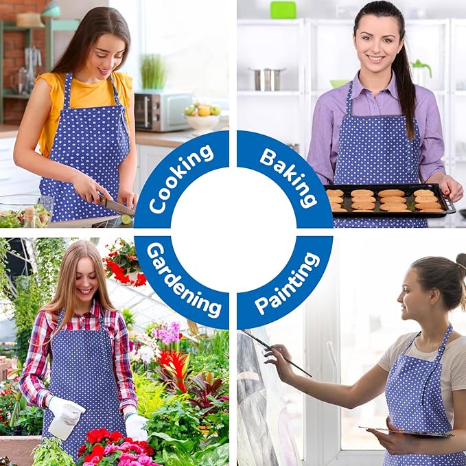 Aprons for Women with 2 Pockets, Adjustable Floral Cotton Kitchen Apron for Cooking Baking,Chef Apron, Artist or Garden Apron (Blue Floral)