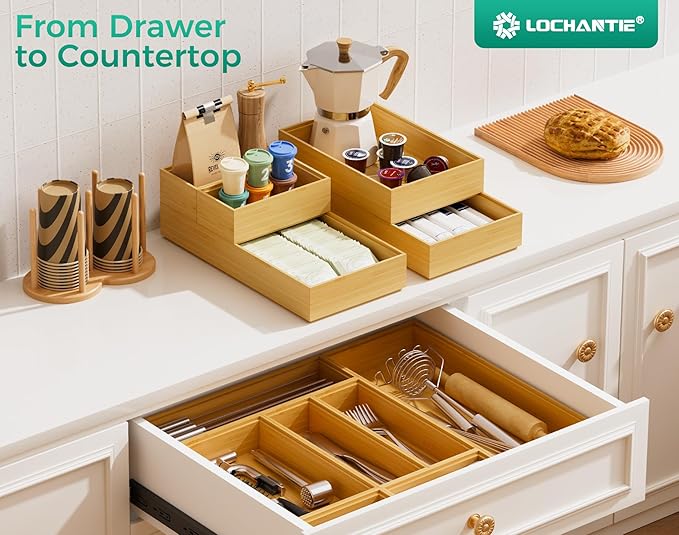 Bamboo Kitchen Drawer Organizer Boxes – 12" x 3" Stackable Wood Silverware Utensil Tray for Drawers Bins, Cutlery & Flatware Storage – Wooden Organizers Set of 2 for Junk Drawer, Bathroom, RV