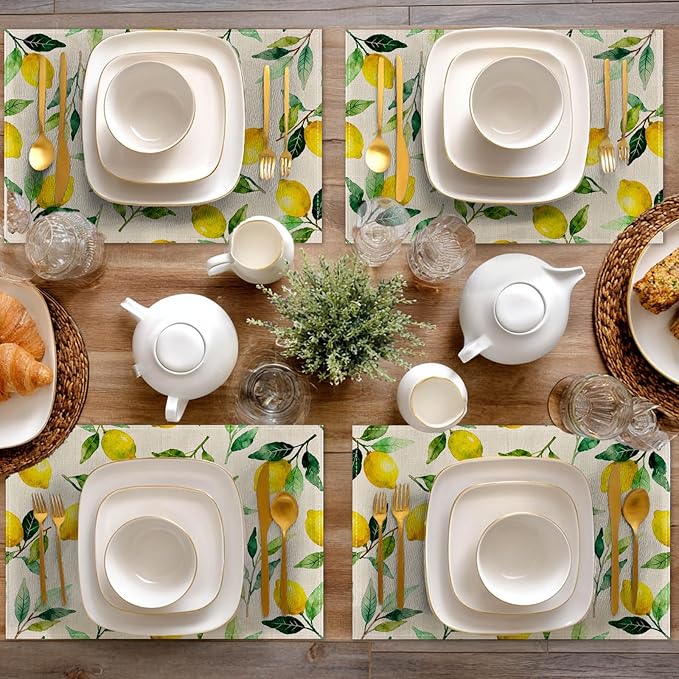 HOMETITUTE Linen Placemats Set of 4 12x18 inch Spring Table Mats for Dining Table Lemon Pattern Farmhouse Decorations Kitchen Decor Desk Mat for Outdoor Home Party Kitchen Seasonal Dining Decor