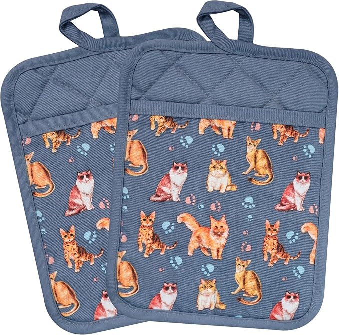 Pot Holders Set of 2 Heat Resistant 480 ℉Non Slip Clear Silicone Printed Comfortable Cotton Lining Kitchen Women Men Cooking Baking Microwave Machine Washable (Cat, Grey potholders)