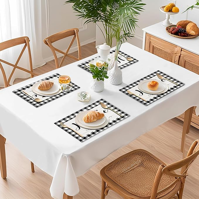 Buffalo Plaid Placemats Set of 4 Black White Place Mats Farmhouse Sweet Home Kitchen Table Mats - Linen Fabric Heat Resistant Machine Washable Placemats for Dining Coffee Table 12x18Inch
