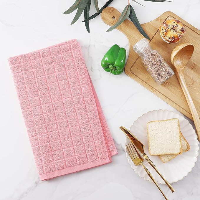 Homaxy Premium Cotton Kitchen Towels 16"x 28", Large Natural Ring Spun 390 GSM Dish Towels, Super Absorbent Terry Kitchen Hand Towels, Soft Tea Towels with Hanging Loop, Pure Pink Design, 8 Pack