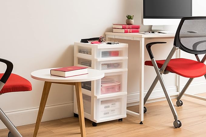 IRIS USA Plastic Drawer Storage Organizer Rolling Cart, with Wheels Casters, 4-Drawers, for Classroom Art Craft Supplies Dresser Closet Bathroom Laundry Room, White/Clear