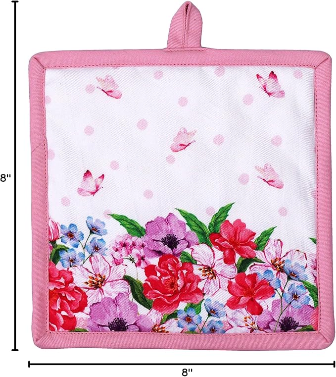 AMOUR INFINI Pot Holders Heat Resistant Cotton Set of 2 Nonslip 8"x8" Inch Hot Pads for Kitchen, BBQ, Baking & Cooking with Hanging Loops (Spring Floral)