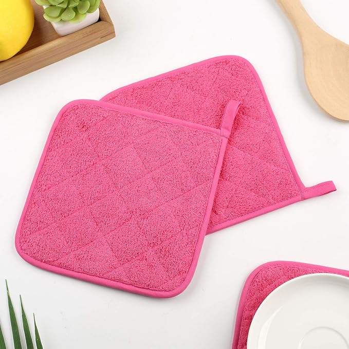 100% Cotton Kitchen Everyday Basic Terry Pot Holder Heat Resistant Coaster Potholder for Cooking and Baking Set of 5 (Dark Pink)