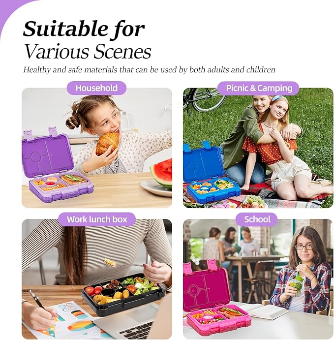 Bento Lunch Box for Kids, 6 Compartments BPA Free, Dishwasher Safe Back to School Snack Bento Lunch Containers Boxes, Ideal Portion Sizes for On-the-Go Meal, Shiny Purple