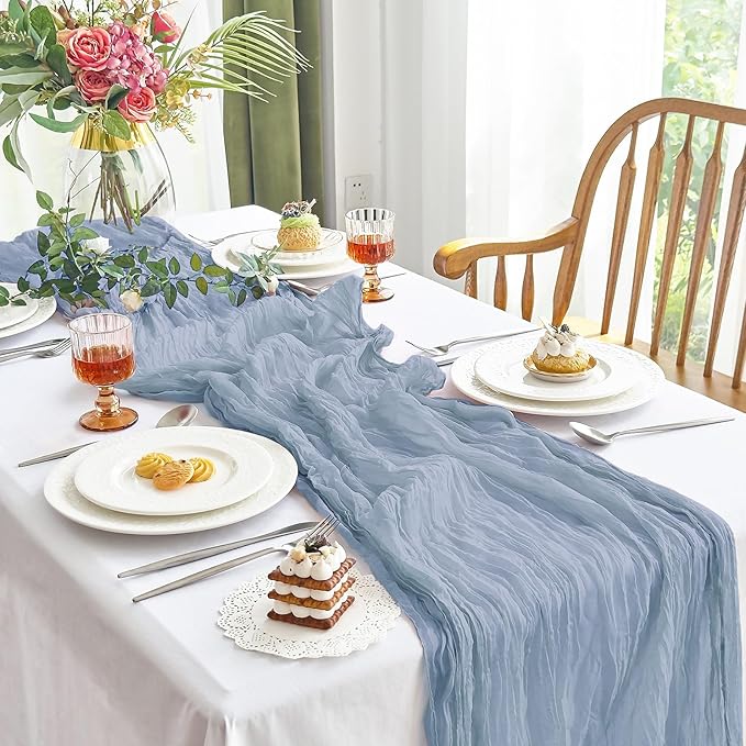 IVAPUPU 1 Pcs Cheesecloth Table Runner - 10ft Dusty Blue Spring Boho Gauze Cheese Cloth Table Runners for Baby Shower Decorations Wedding Party Garden Farmhouse