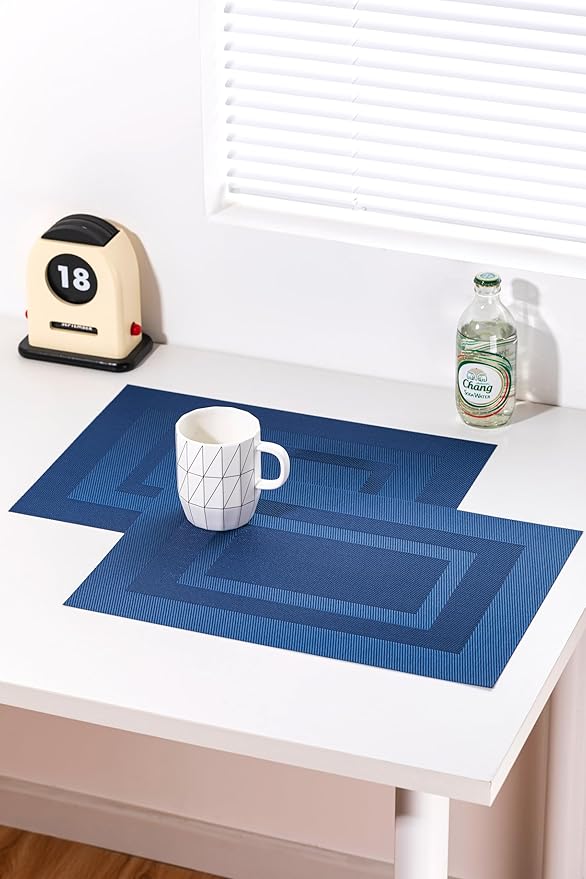 LEXMORE Placemats Set of 6 Vinyl/Plastic Woven Place Mats for Kitchen Table Indoor/Outdoor Washable Placemat Wipeable Dining Table Mats(Navy Cube)