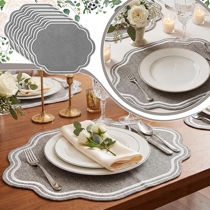 Breling 6 Pcs Wedding Placemats Scalloped Embroidered Cotton Linen Placemats 17" x 13" Double Layered Machine Washable Table Place Mat for Party Table Decor (Gray)