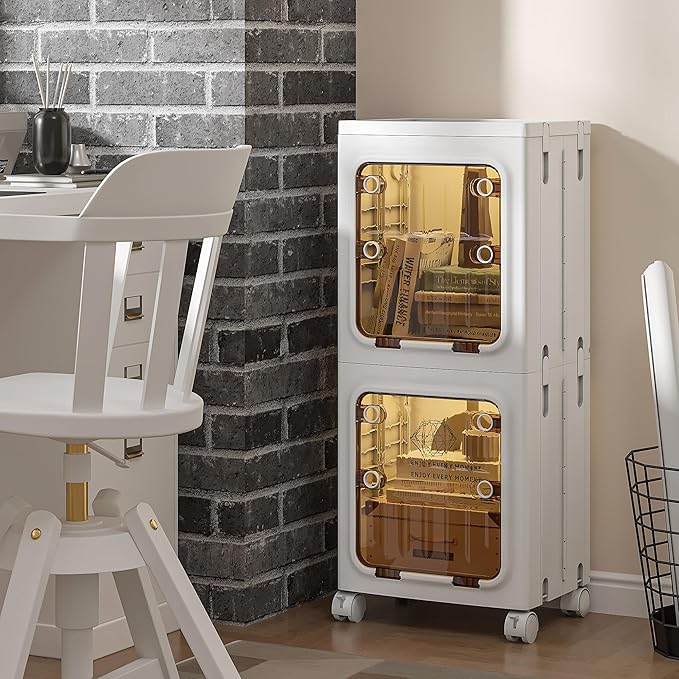 VECELO 98QT Stackable Storage Bins with Lids, Tall Slim 2-Tier Organizer with Wheels, Lockable Clear Doors, Foldable Storage Cabinet for Kitchen, Bathroom, Laundry & Bedroom