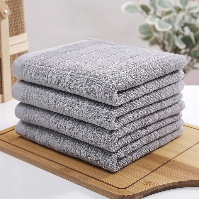 Homaxy 100% Cotton Terry Kitchen Towels(Light Grey, 13 x 28 inches), Checkered Designed, Soft and Super Absorbent Dish Towels, 6 Pack