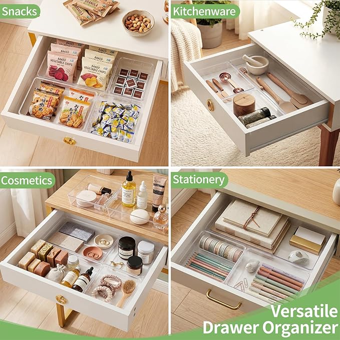 6 PCS Large Size Clear Plastic Drawer Organizer Tray, 12'' Acrylic Vanity Bathroom Drawer Organizers Trays, Desk Drawer Organizer Bins for Cosmetic, Makeup, Kitchen, Office Drawer Divider Organization