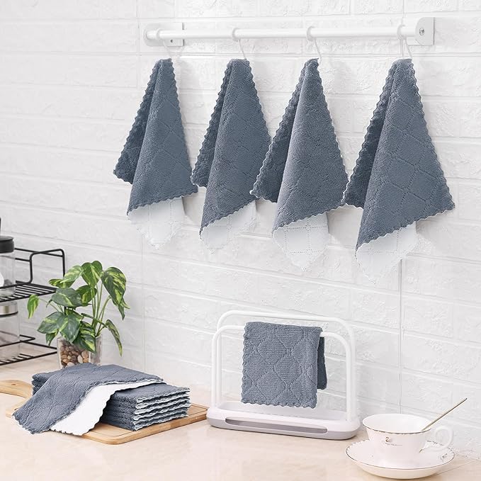 Mordimy 18 Pack Kitchen Cloths Dish Towels (10" x 10", Dark Grey & White), Super Soft and Absorbent Dish Cloths, Coral Velvet Microfiber Cleaning Cloth, Nonstick Oil Fast Dry Dishcloths