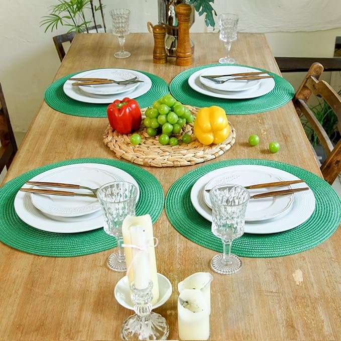 FunWheat Round Braided Placemats Set of 4 Table Mats for Dining Tables Woven Washable Non-Slip Place mats 15 inch(Holly Green, 4pcs)