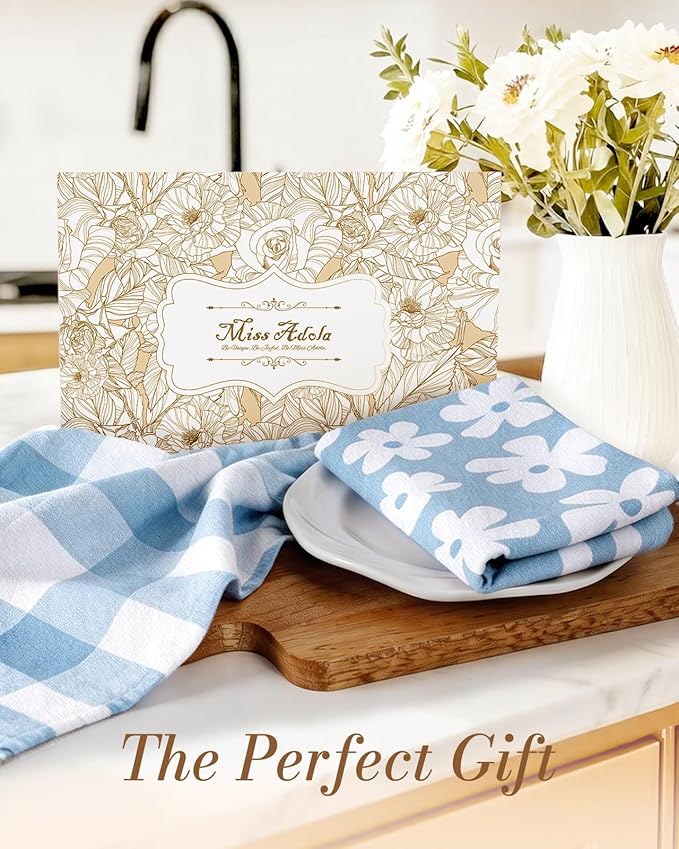 Miss Adola 2pcs Flour Sack Kitchen Towels - 18"x 26" Cotton Kitchen Hand Towels with Hanging Loop Reusable Geometric Blue Velvet Farmhouse Plaid Tea Towel Absorbent Dishcloths Home Decor, Blue Daisy