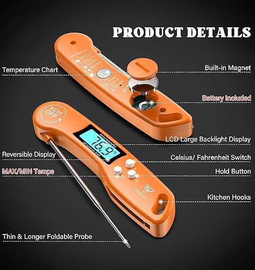 DOQAUS Digital Meat Thermometer, Instant Read Food Thermometer for Cooking with Backlit & Auto-Rotating Display, 4.6” Probe for Grilling, Baking, and Perfect BBQ - Orange