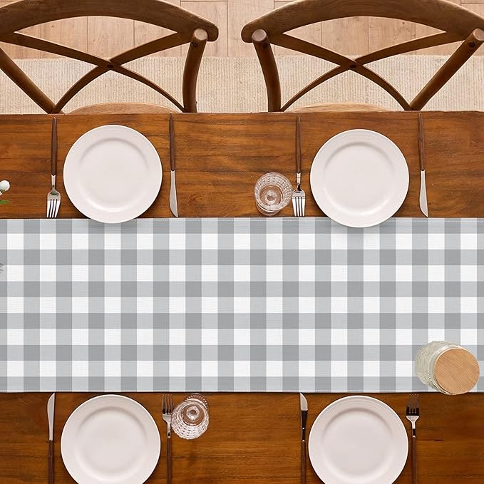 Grey and White Checkered Table Runner Gingham Birthday Wedding Baby Shower Party Decoration BBQ Picnic Dining Room Home Kitchen Table Decor (Grey, 13" x 72")