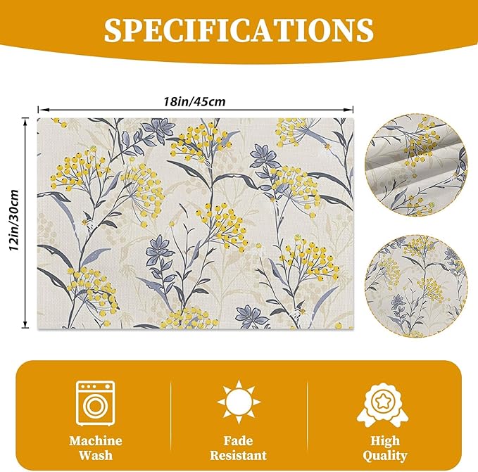 Floral Table Placemats Set of 4 Summer Flower Linen Cotton Washable Table Mats Heat Resistant Reusable Place Mat for Kitchen Dining 12x18 Inch