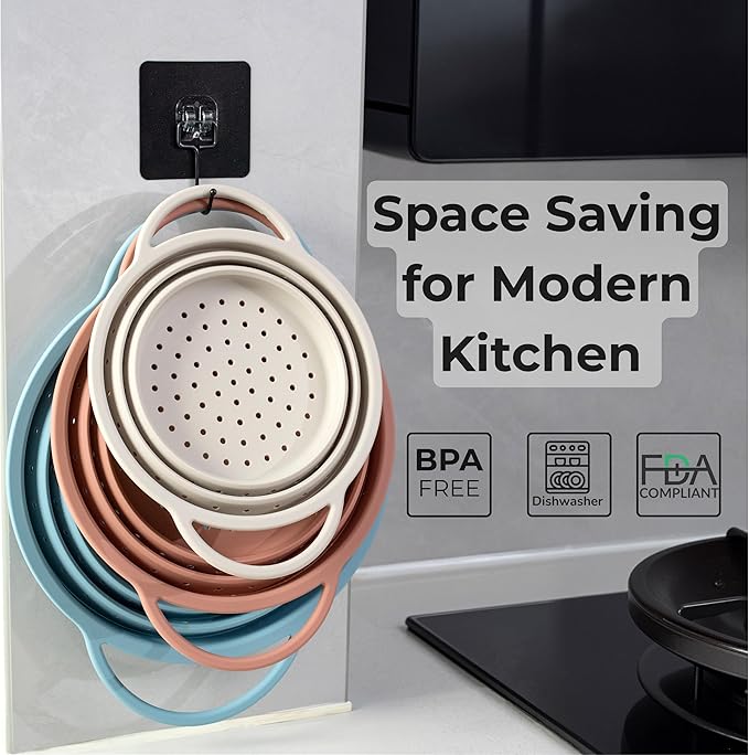 Silicone Colander Set – Collapsible Platinum Silicone Strainer with Stainless Steel Rim, Space-Saving & Heat-Resistant, Dishwasher Safe, BPA-Free by SelectShen™ (3 Pack)