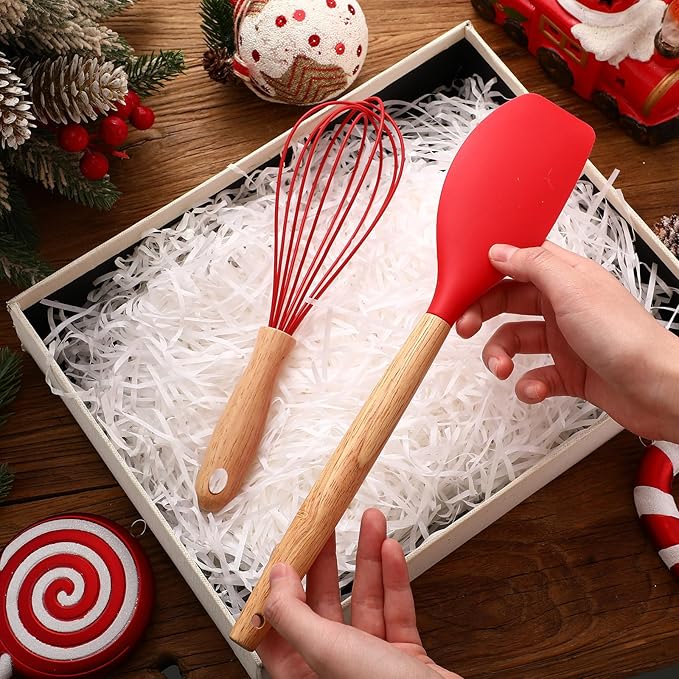 Funnymoom 24 Pcs Small Silicone Whisks and Spatulas with Wooden Handle for Cooking 10 Inch Mini Whisk Spatula Non Stick Kitchen Baking Essentials Cookware for Valentines Day Party Favor Gift Supplies