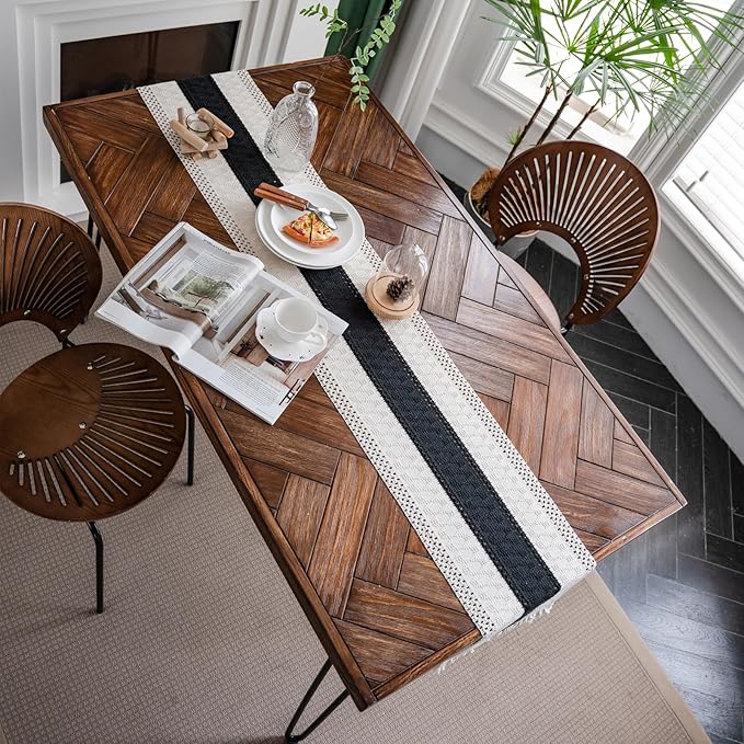 Alynsehom Macrame Table Runner Cream Beige and Black Boho Table Runners with Tassels Hand Woven Cotton Table Runner Rustic Farmhouse Table Runners for Bohemian Kitchen Dining Table(12x95in)