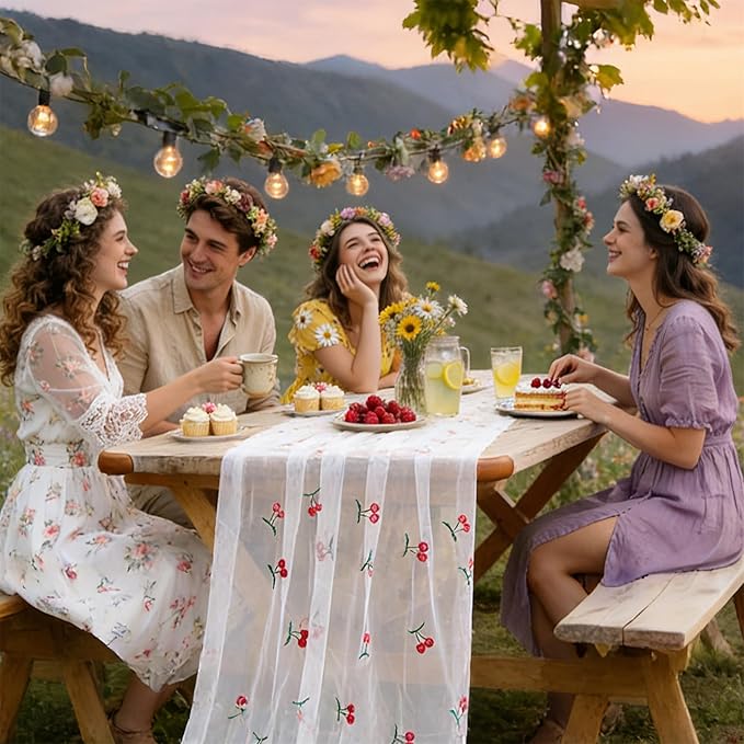 YATOJUZI Embroidery Cherry Table Runner Girly Rustic Decorations Summer Seasonal Fruits Floral Home Kitchen Decor Tulle Dining Table Runners for Wedding Shower Party