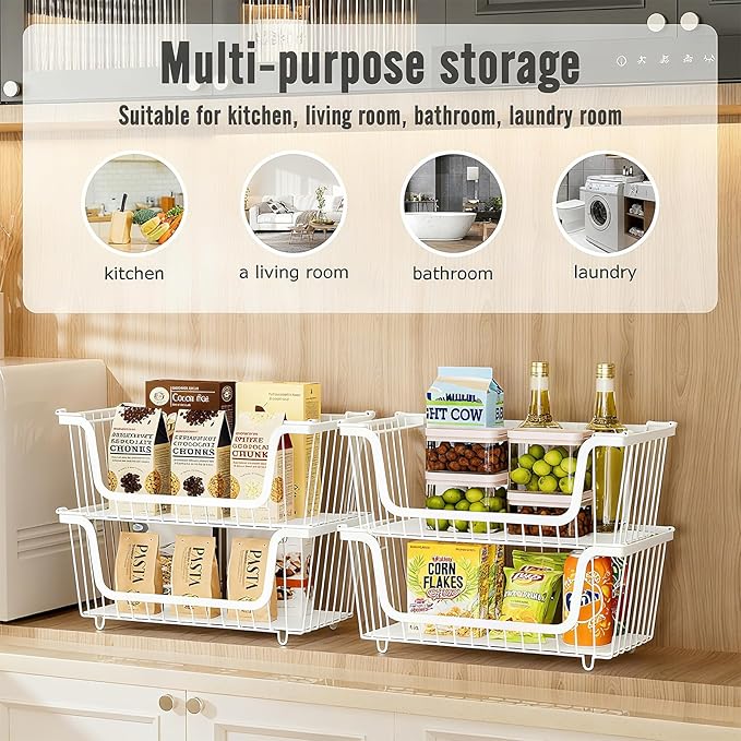 GAOKASE 4 Pcs Stackable Wire Baskets for Pantry Organizers and Storage,Vegetable Fruit Basket for Countertop,Kitchen Storage Metal Baskets,Produce Potato Onion Storage Bin,White