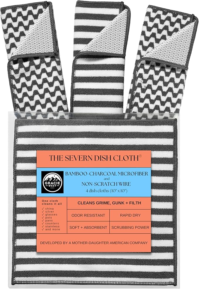 Severn Dish Cloths for Washing Dishes 4pk. Odor-Resistant Dish Rags with Non-Scratch Wire Scrubber Side for Kitchen Cleaning. Grime-Fighting Bamboo-Charcoal Microfiber 2-Sided Dishrags. Machine Wash