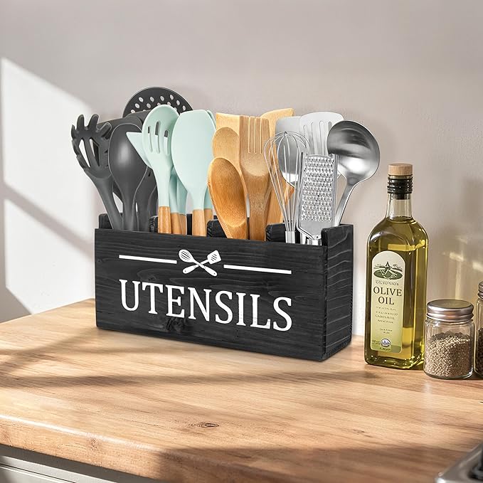 RedCall Extra Large Utensil Holder Organizer,4 Compartments Wooden Kitchen Tool Holder for Countertop,Rustic Farmhouse Utensil Organizer for Spatula Spoon Storage (Black-4)