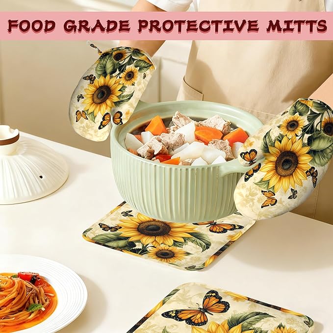 Vintage Sunflower Silicone Oven Mitts and Pot Holders,Butterfly Heat-Resistant 4 Piece Kitchen Set Non-Slip Oven Gloves and Hot Pads for Cooking, Baking, Grilling,BBQ