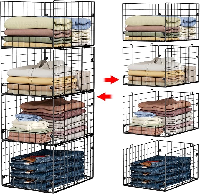 4-Tier Stackable Closet Organizers and Storage Shelves, Foldable Closet Shelf Organizer System, Stackable Storage Bins Drawers for Closet Organizer System, Black(Patent Pending, 15.7"x11.8"x34.64")