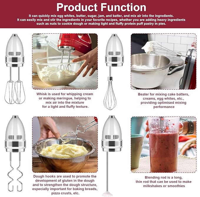 Hand Mixer Attachments Beater, Whisk, Blending Rod and Dough Hooks, Stainless Steel Hand Mixer Accessories Compatible with Kitchenaid Hand Mixers KHM3 KHM5 KHM7 KHM9, Set of 6