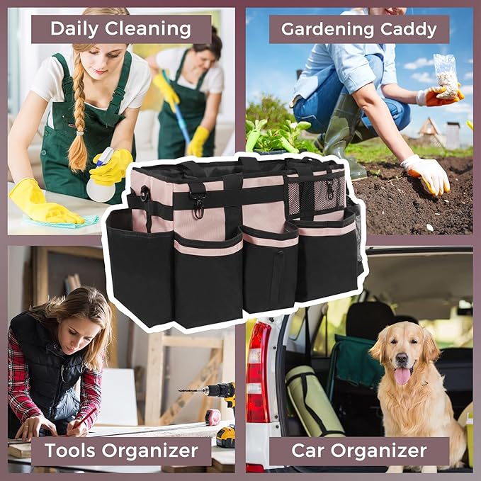 SCAVATA Wearable Cleaning Caddy, Cleaning Caddy Supplies Organizer with Handle & Shoulder Straps for Housekeepers, Under Sink & Car Cleaning Tool Organizers Bag with 4 Foldable Divider (Pink)