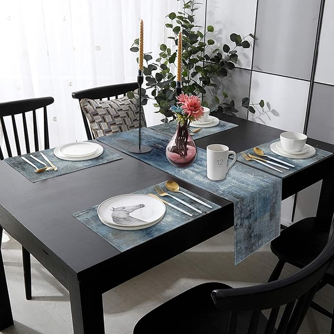 Emvency Vintage Blue Grey Table Runner and Placemats Set of 6, Modern Abstract Painting Art Dining Decor for Daily Use(1 Table Runner 72 inches Long and 6 Placemats)