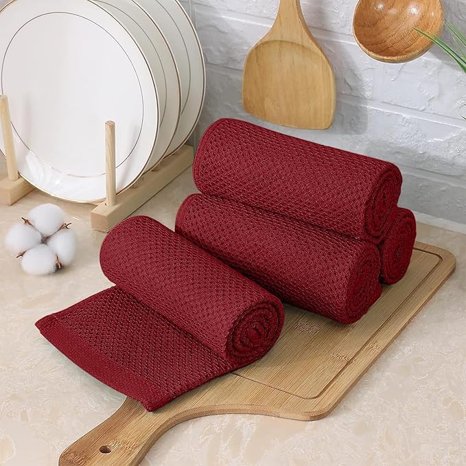 Kitinjoy 100% Cotton Kitchen Towels and Dishcloths Set, 8 Pack-13" x 28" and 12" x 12" Waffle Weave Dish Towels, Ultra Soft Absorbent Quick Drying Dish Rags, Burgundy