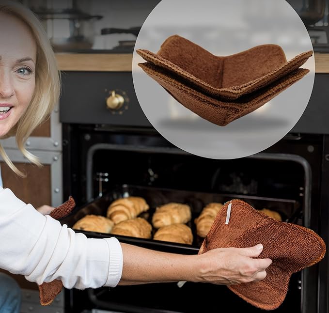 Set of 2 Microwave Bowl Cloth Hot Pads with Brown Color - Multipurpose Heat Resistant Plate Holders 7"x4" Inches - Pot Holder Microwavable Bowl Cozies for Food - Ramen Soup or Bowl Cozy