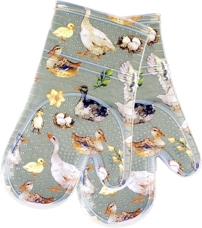Oven Mitts Set of 2 with Transparent Clear Silicone Shell and Nice Duck Printing Cotton Lining, Heat Resistant to 500 F Kitchen Oven Gloves Pot Holder for Cooking (Wathet Blue, Oven Mitts)
