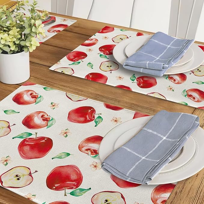 Watercolor Apple Placemats Set of 4, Spring Summer Sweet Fruit Dining Table Place Mats, Farmhouse Kitchen Decor Home Decoration 12 x 18 Inches