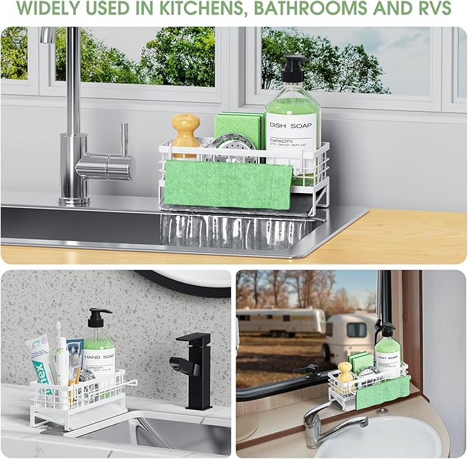 Self-Draining Kitchen Sink Caddy, Rustproof Non-Slip Sponge Holder with Detachable Dish Cloth Holder (White)