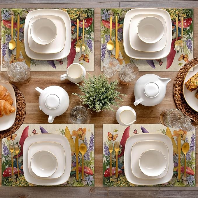 HOMETITUTE Gnome Artwork Linen Placemats Set of 4 12x18 inch Spring Table Mats for Dining Table Farmhouse Decorations Kitchen Decor Desk Mat for Outdoor Home Party Kitchen Seasonal Dining Decor