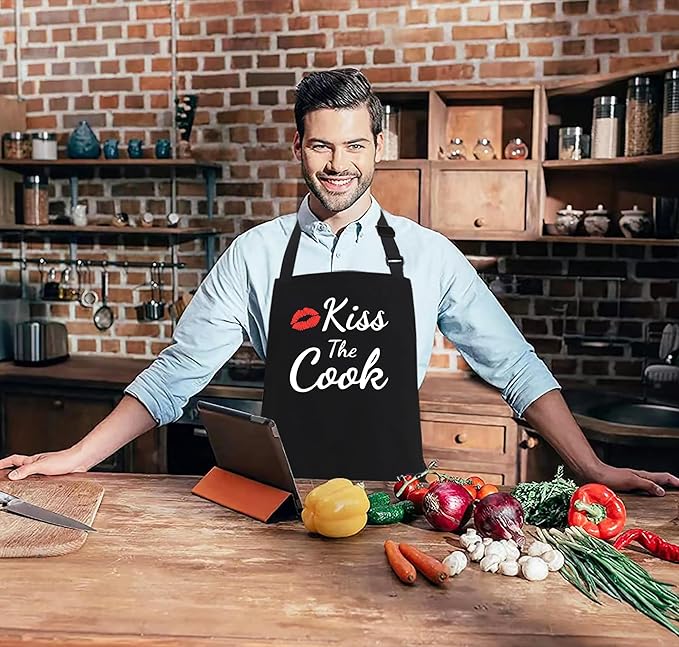 Kaidouma Funny Aprons for Women Men - Kiss the Cook Apron - Funny Chef Cooking BBQ Grill Aprons with 2 Pockets - Birthday Mothers Day Gifts for Mom, Wife - Fathers Day Christmas Gifts for Dad, Husband