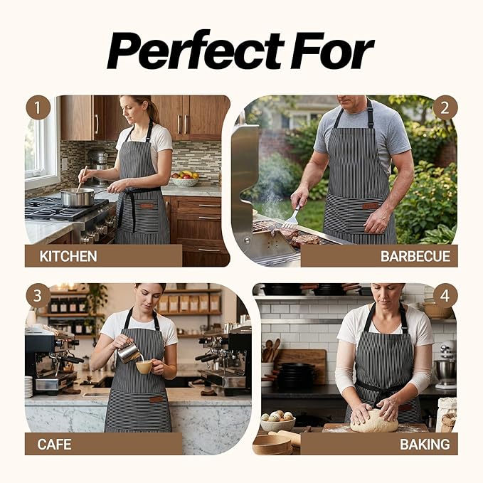 2Pack Adjustable Kitchen Apron for Women Men with 2 Pockets,Cotton-Polyester Blend Bib Aprons for Cooking,Baking
