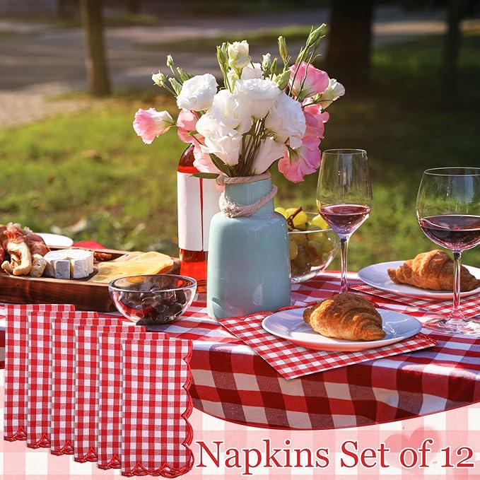 SmoothNovelty 12 Pack Buffalo Plaid Cloth Napkins 18x18 Inch Spring Checkered Cloth Napkins Scalloped Soft Cotton Table Mat Washable Reusable for Dinner Wedding Birthday Parties (Classic,Red)