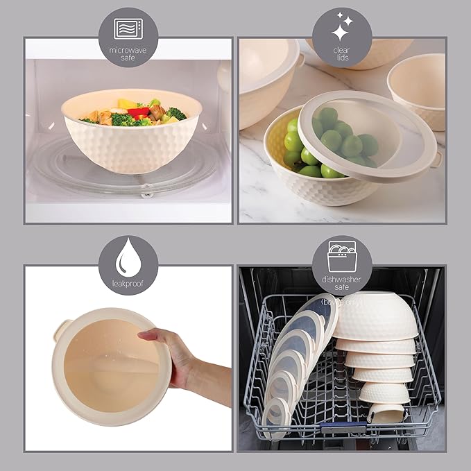 COOK WITH COLOR Mixing Bowls with Lids - 12 Piece Plastic Nesting Bowls Set includes 6 Prep Bowls and 6 Lids, Microwave Safe Mixing Bowl Set, Cream Embossed