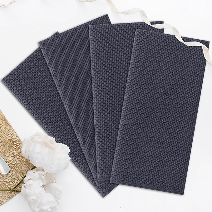 Kitinjoy 100% Cotton Waffle Weave Kitchen Towels (20 X 28 Inches, Dark Grey), 4-Pack Super Soft and Absorbent Dish Towel for Drying Dishes